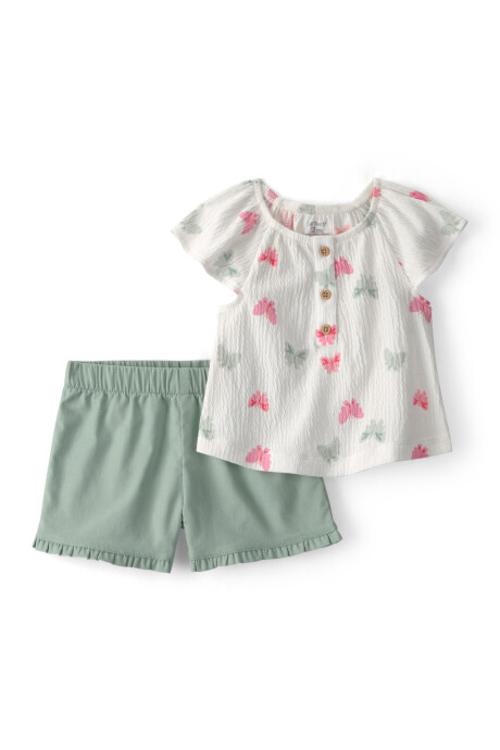Set dos piezas, short de algodón y blusa de jersey arrugado, diseño mariposas. Talles 6-24M Set dos piezas, short de algodón y blusa de jersey arrugado, diseño mariposas. Talles 6-24M