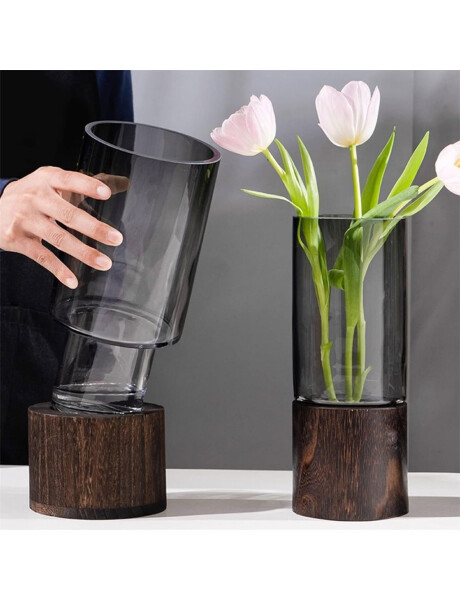 FLORERO CON BASE EN MADERA D12x23CM TRANSPARENTE FLORERO CON BASE EN MADERA D12x23CM TRANSPARENTE