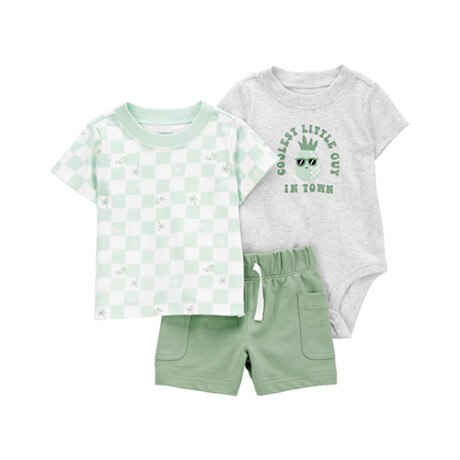 Set tres piezas short, remera y body de algodón estampados C KHAKI