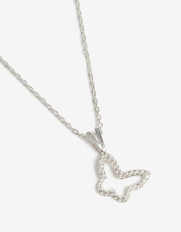 Cadena Corta con Dije Strass Collar Corto Plata 925 Mariposa - Plateado