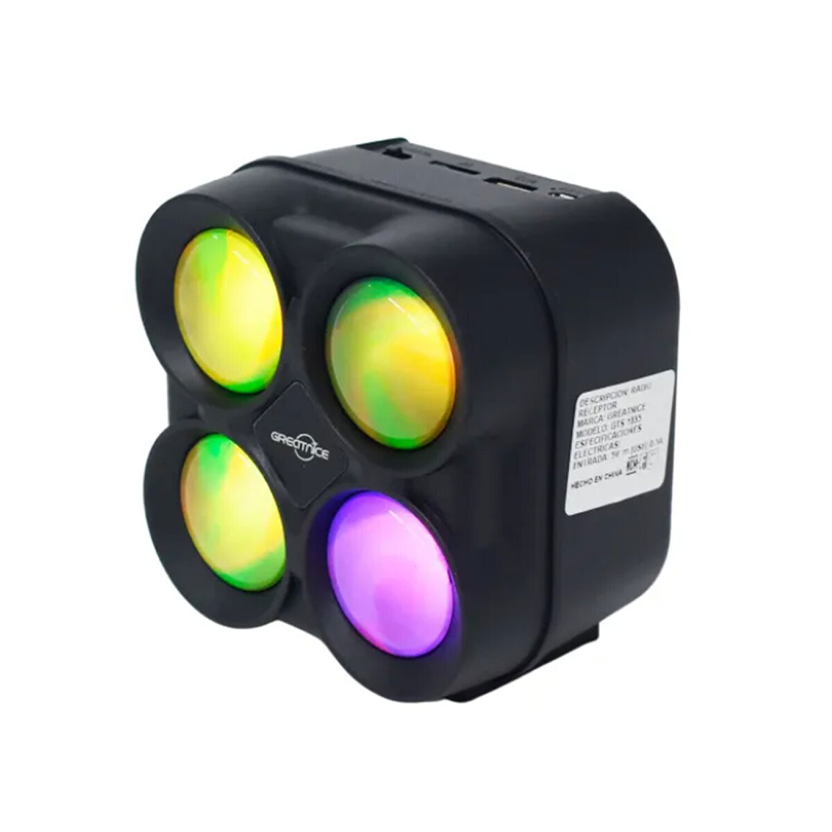 Parlante portátil cubo 4 luces GTS 1835 3" negro 