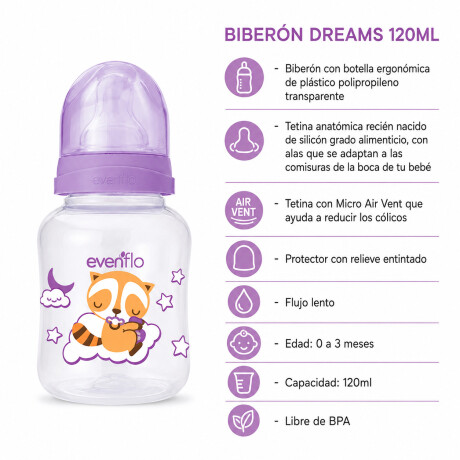 Mamadera Evenflo Dreams Bebés 0-3M 120Ml Tetina Flujo Lento Lila