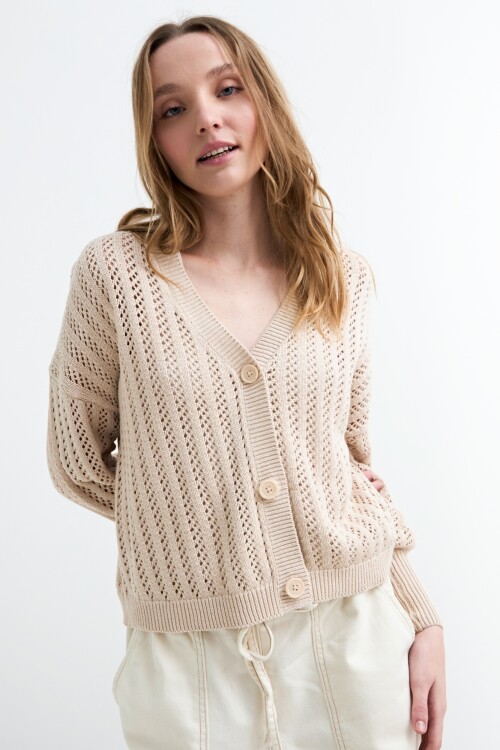 Cardigan escote V calado BEIGE