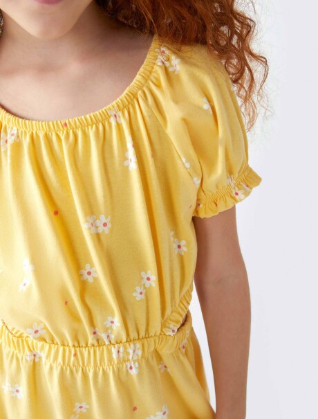 VESTIDO CON FRUNCE ESTAMPADO AMARILLO