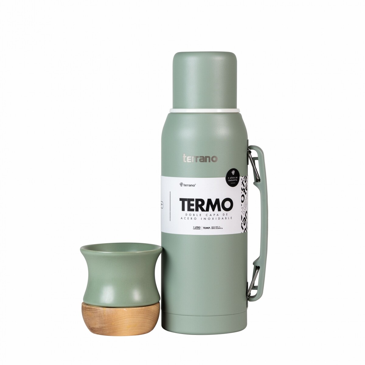 Kit Termo 1lt. Premium + Mate Cerámica base Madera - Oliva 