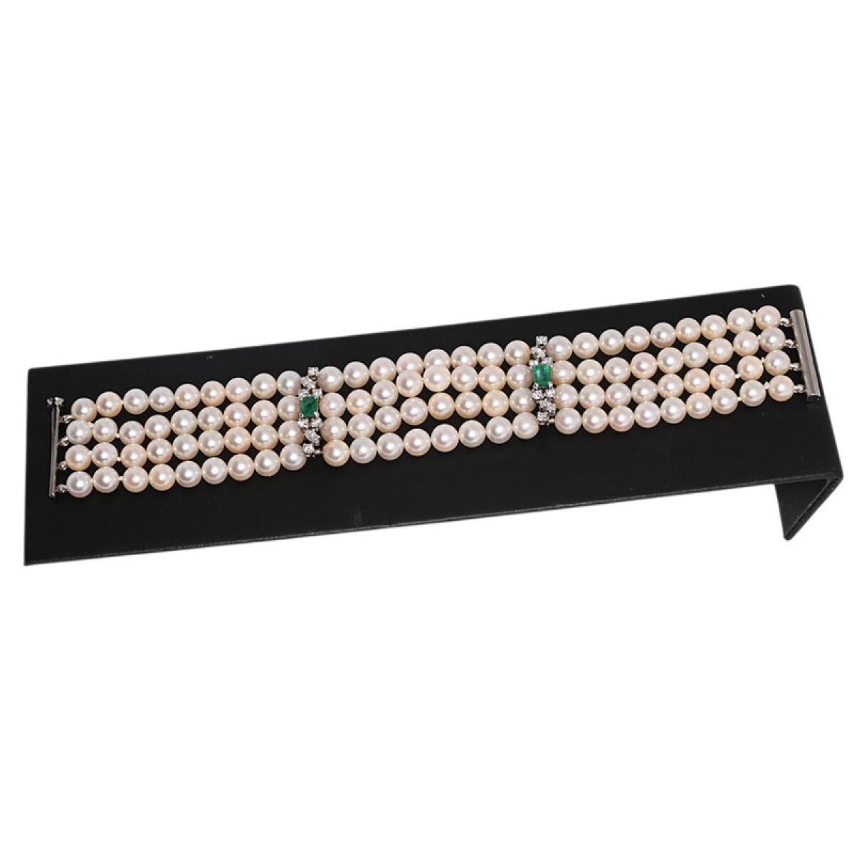 Pulsera 4 hilos perlas oro blanco con esmeraldas y brillantes 