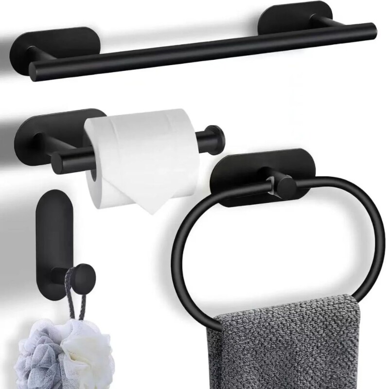 Set Accesorio Baño Juego 4 Piezas Negro Adhesivo Acero Inoxidable Set Accesorio Baño Juego 4 Piezas Negro Adhesivo Acero Inoxidable