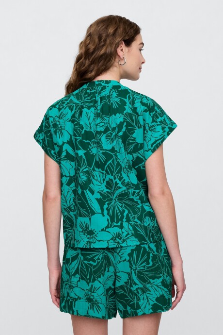 Blusa Muselina Manga Corta Mujer Blue Floral