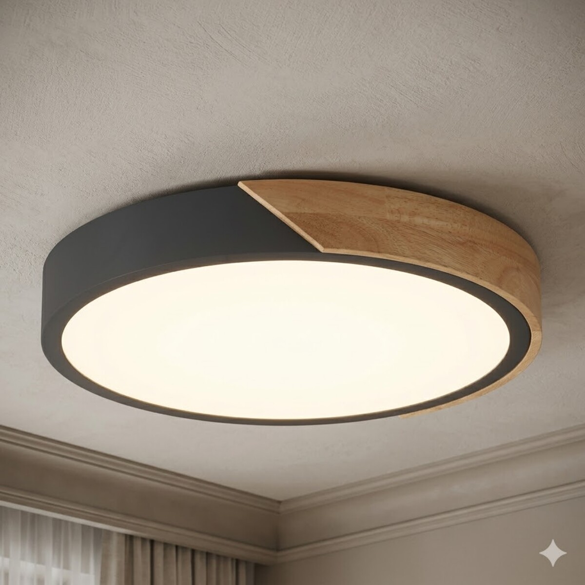 Plafón led circular de madera y aluminio negro mate - Luz cálida 