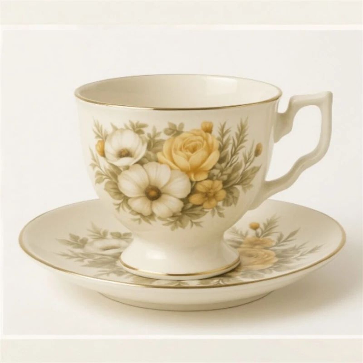 Juego de Té de Cerámica Floral 6 Tazas con Plato + Caja de Regalo - Marfil 