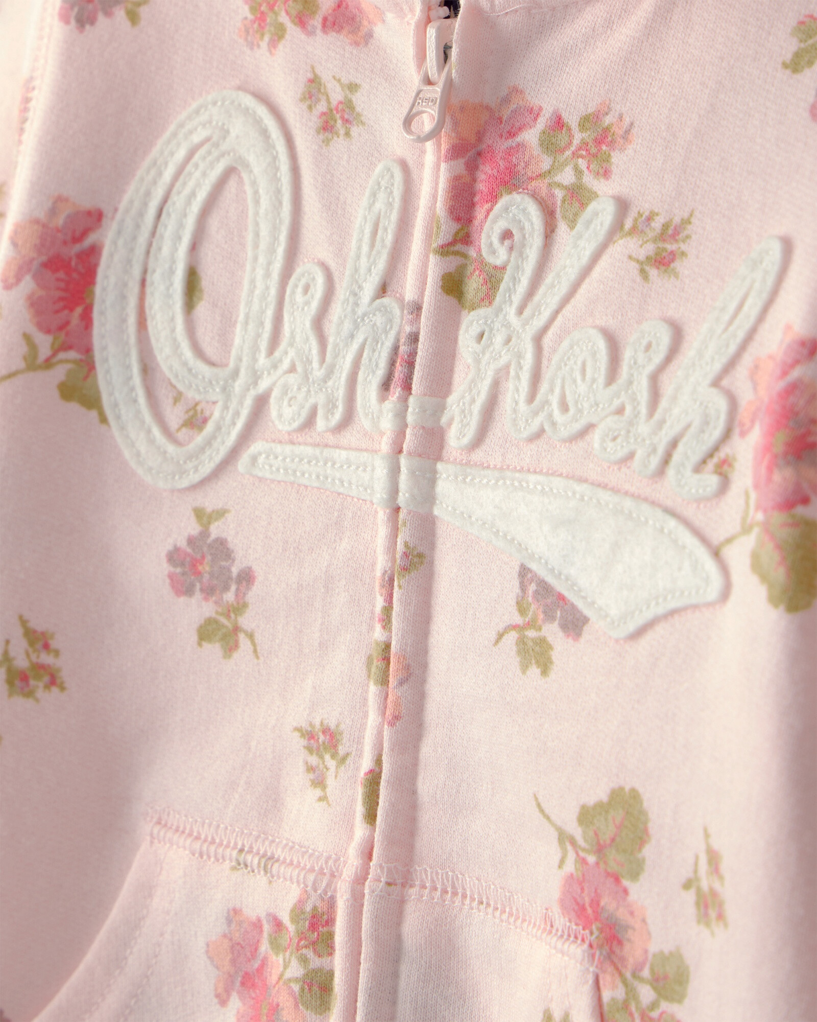 Campera de algodón, rosada, con capucha y logo, diseño floral Sin color