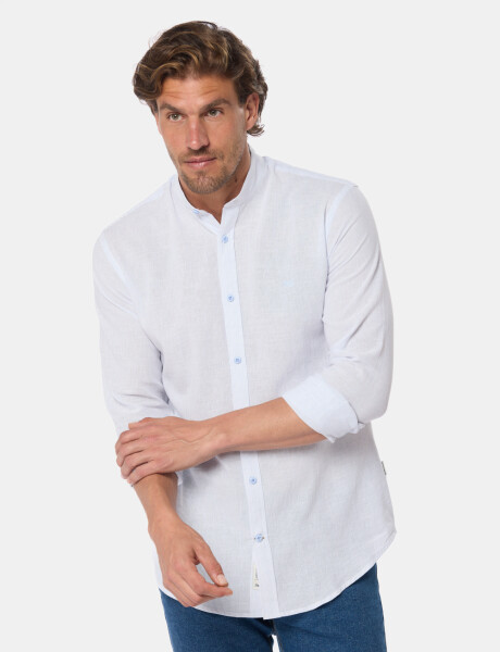 CAMISA RAYADA DE LINO CUELLO MAO Celeste