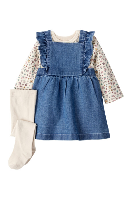 Set tres piezas, jumper jean, remera y medias de algodón Sin color