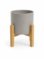 MACETA CERÁMICA M CON SOPORTE DE MADERA GRIS CLARO