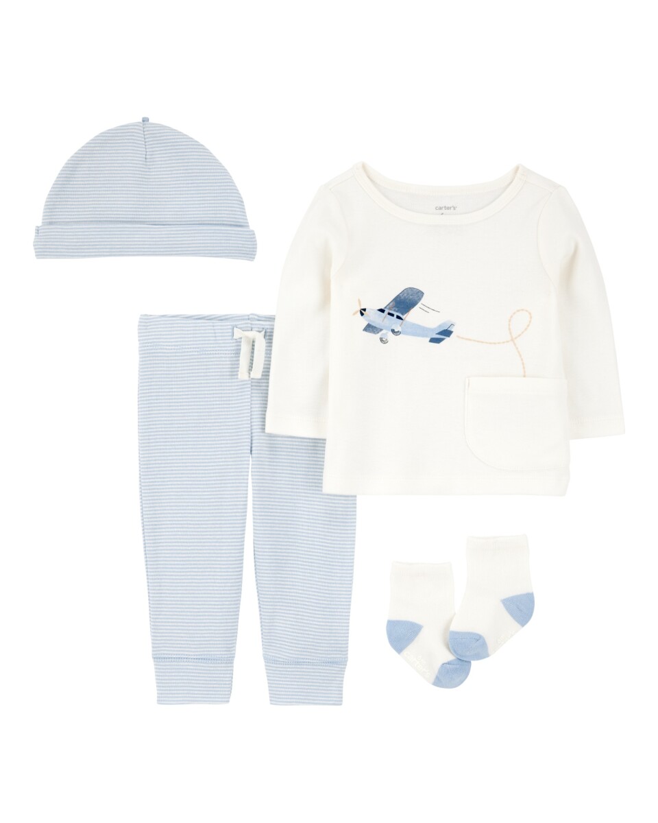 Set cuatro piezas de algodón, pantalón, remera, gorro y medias 