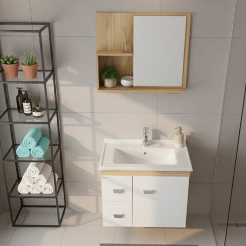 Mueble de Baño Suspendido SMART 56 cm | Bicolor Blanco/Carvalho con 2 Cajones y Espejo Mueble de Baño Suspendido SMART 56 cm | Bicolor Blanco/Carvalho con 2 Cajones y Espejo