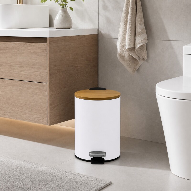 Papelera de Plástico con Tapa de Bambú 3 litros Blanco