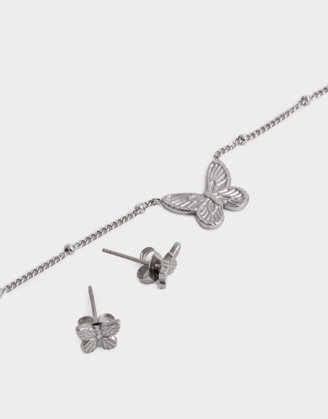 Bijouterie Set Acero quirúrgico Set De Aros Y Cadena Mariposa - Plateado