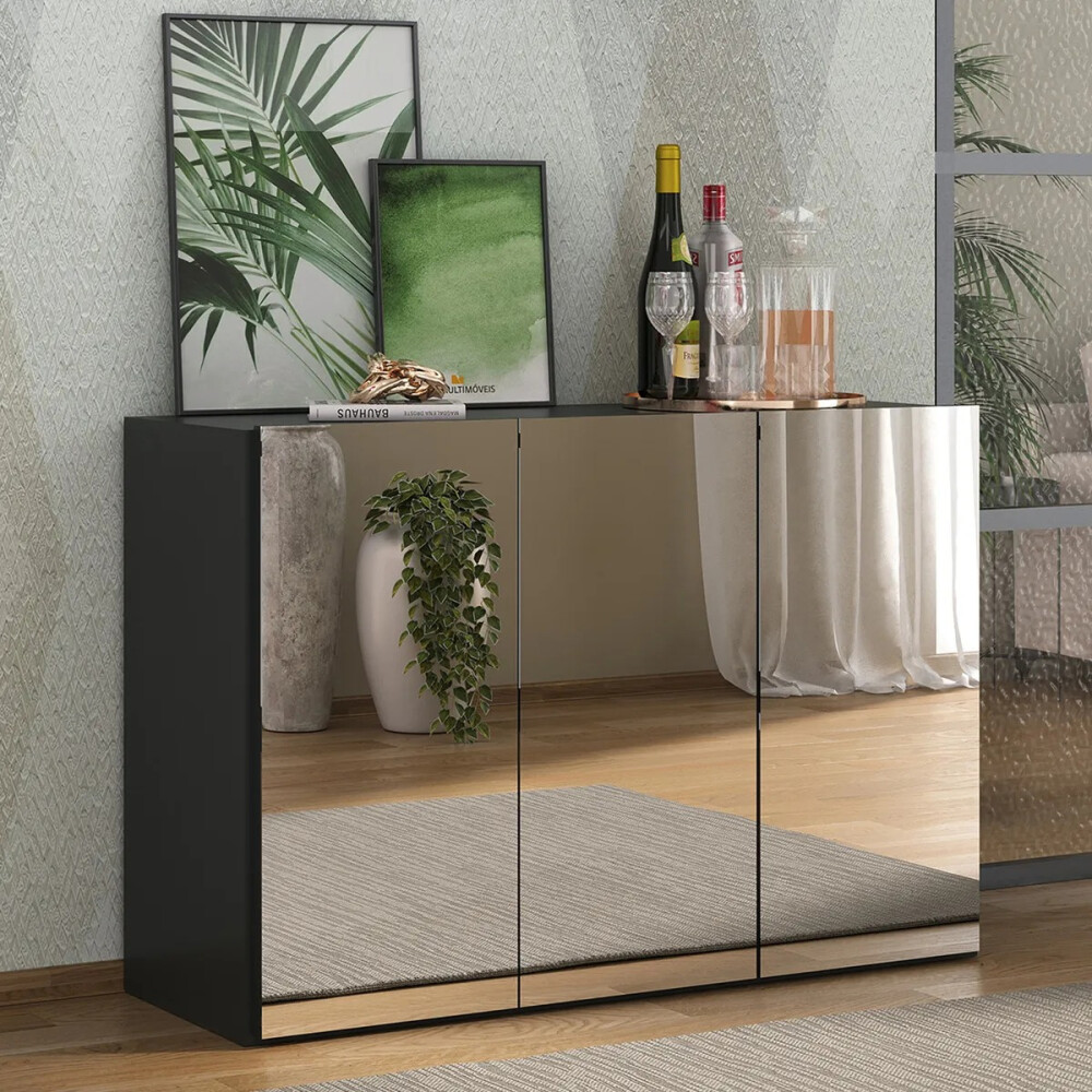 Rack aparador para tv o audio - 3 puertas con espejos NEGRO