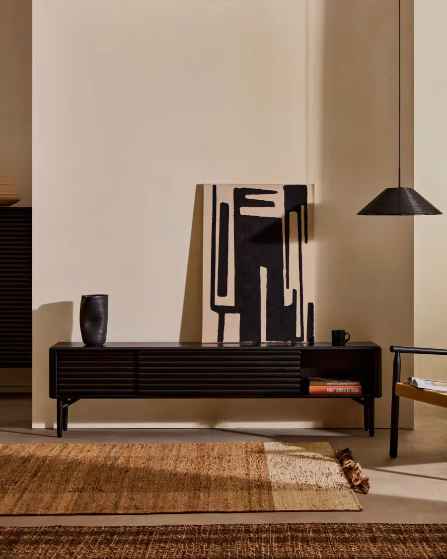 Mueble TV Lenon 200 x 57 cm de madera maciza y chapa de roble negro