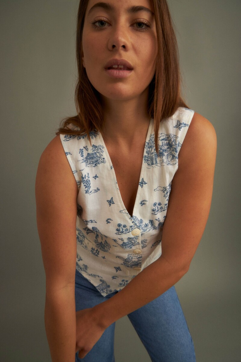Chaleco estampado toile de jouy azul