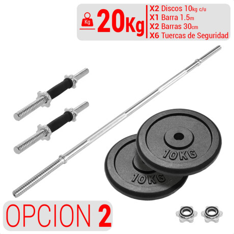 Set 2 Mancuernas + Barra 1.5m + 20 Kg Hierro Compacto 2 Discos 10kg