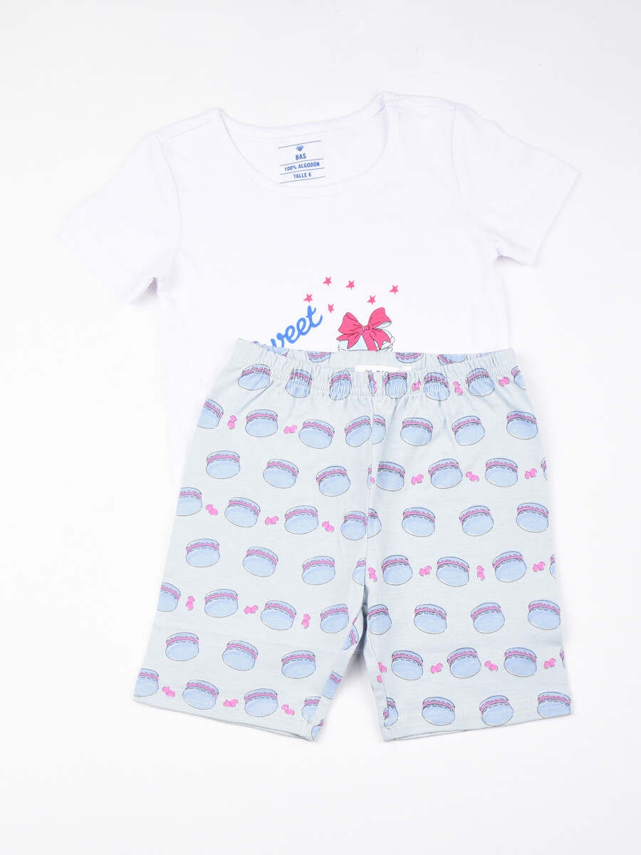 Pijama estampa Macaron- Talle 2 al 8 - Blanco y celeste 