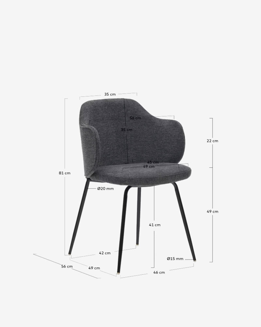 Silla Yunia gris oscuro con patas de acero con acabado pintado negro