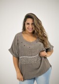 Blusa 100% lino Con strass bordado y lentejuelas Visón