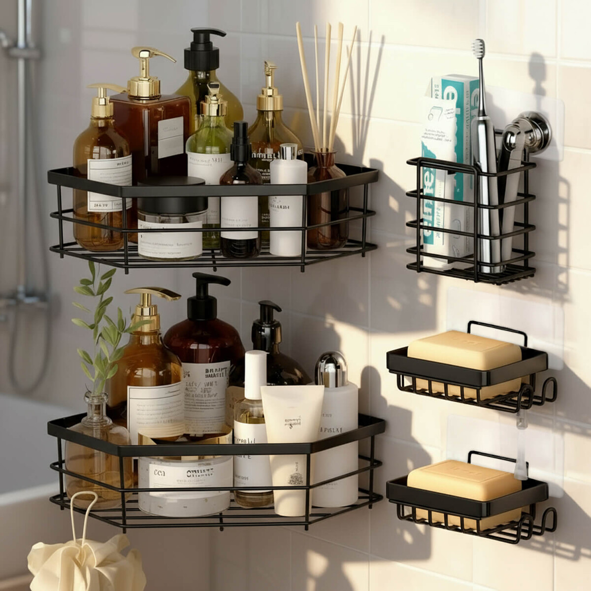 Set X5 Estante Organizador Esquinero Ducha Baño Jabonera Accesorios Con Adhesivo Imback Color Negro 