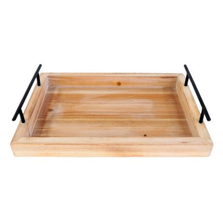 Bandeja de madera y metal rectangular con asas grande Bandeja de madera y metal rectangular con asas grande