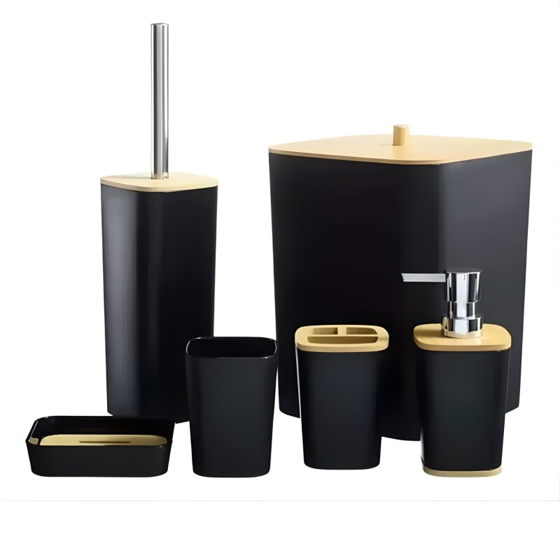 Set de accesorios para baño en color negro y madera Set de accesorios para baño en color negro y madera