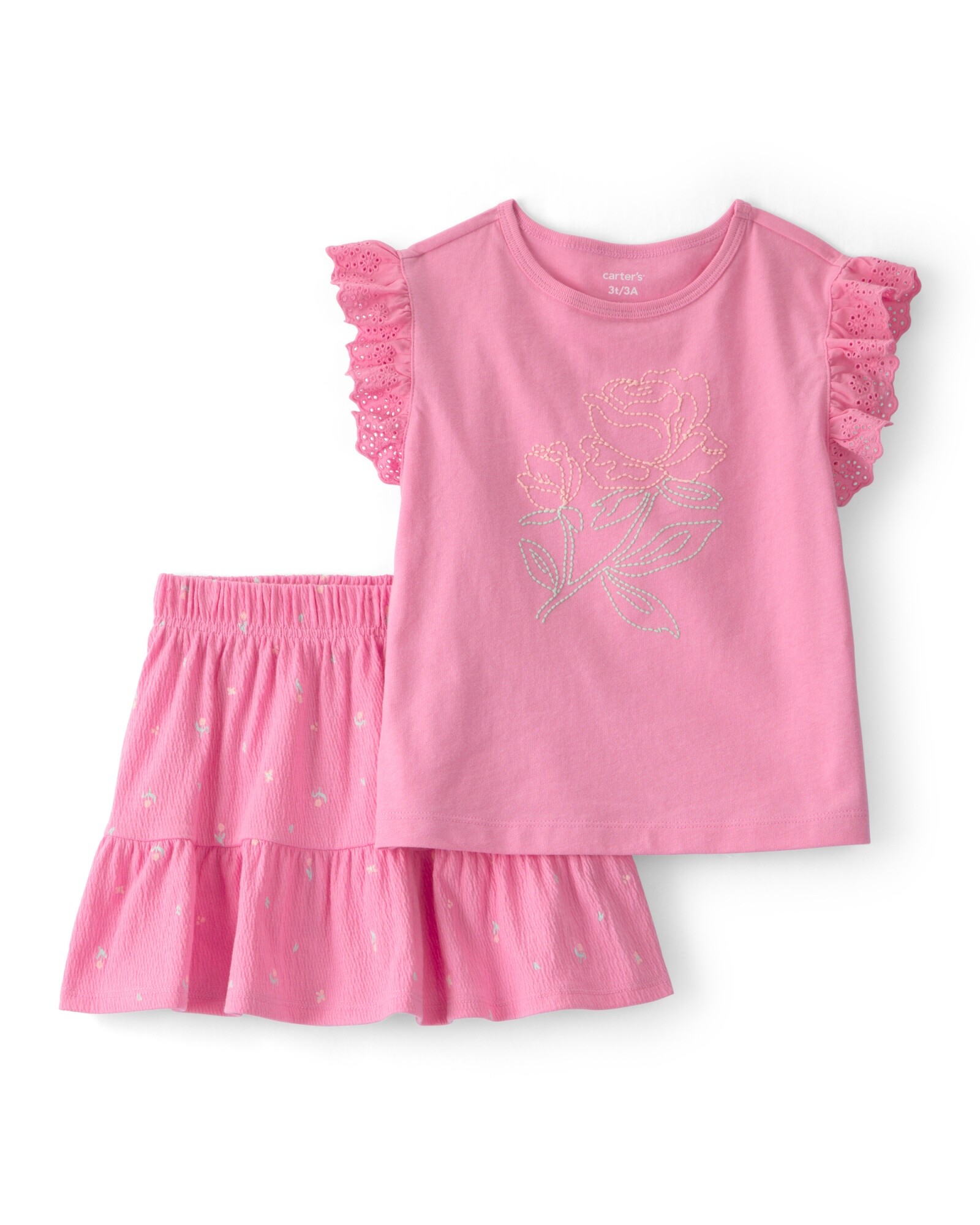 Set dos piezas, short pollera de jersey arrugado y remera de algodón, rosado, diseño floral Sin color