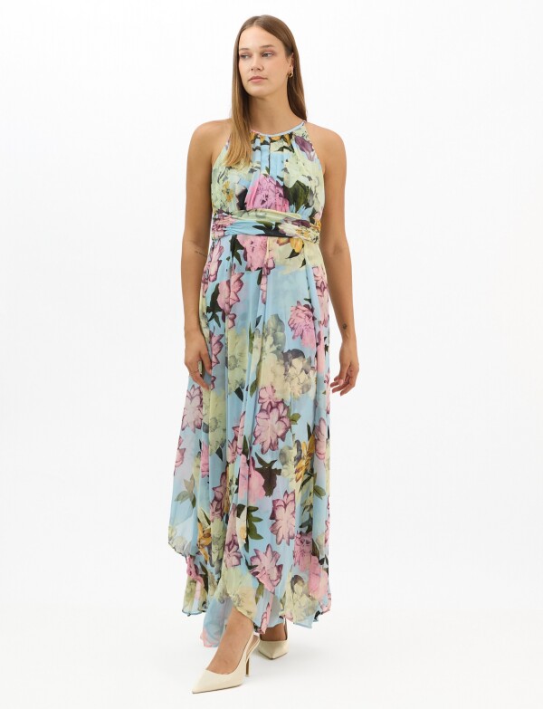 Vestido Largo Estampado Floral Con Cuello CELESTE/MULTI