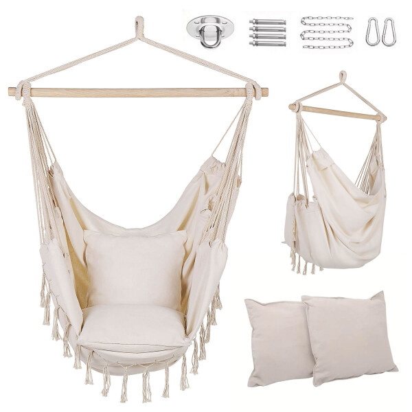 Sillón Colgante Hamaca Paraguaya de Jardín con Almohadones Color Beige Sillón Colgante Hamaca Paraguaya de Jardín con Almohadones Color Beige