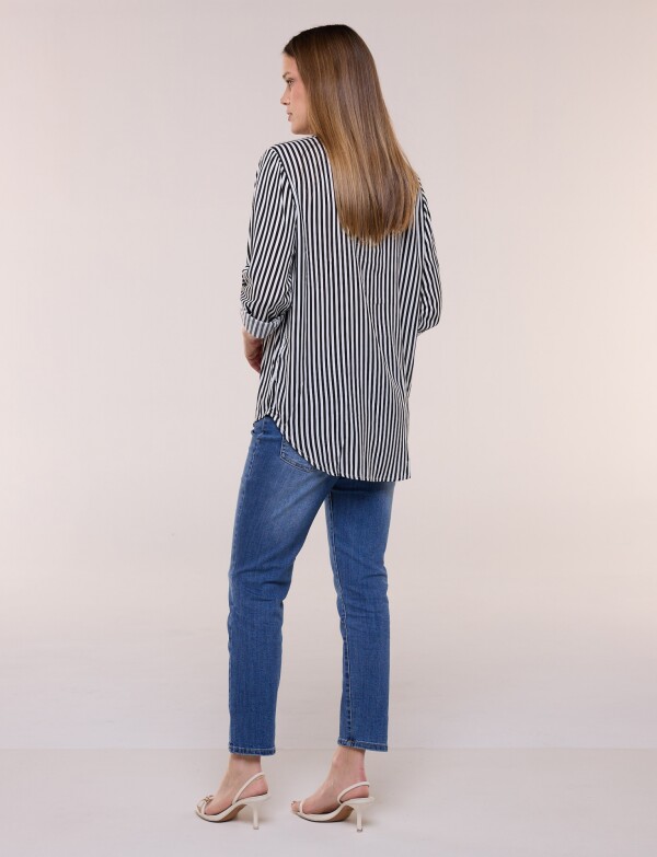 Camisa Clásica Rayada Con Mangas Arremangables NEGRO
