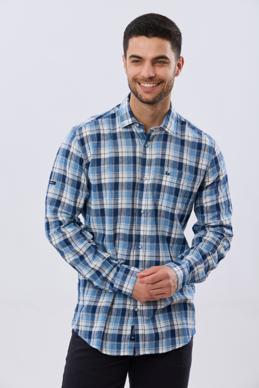CAMISA CUADROS DE LINO Celeste