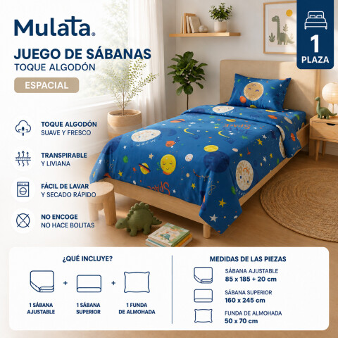 Juego De Sabanas 1 Plaza Toque Algodón Sommier Infantil - Espacial Juego De Sabanas 1 Plaza Toque Algodón Sommier Infantil - Espacial