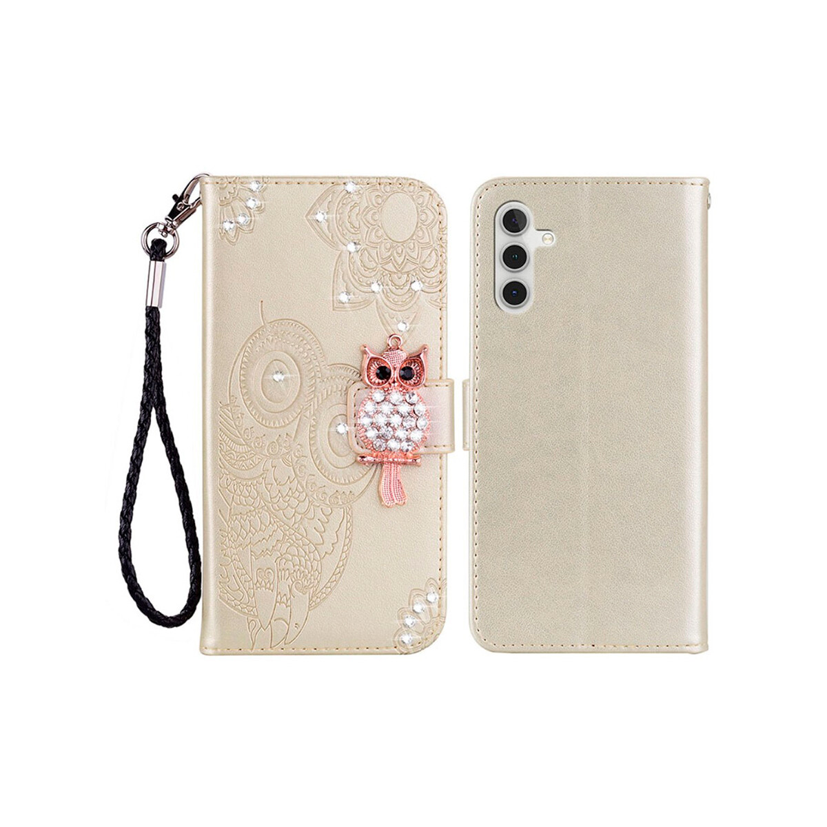 Flip cover Samsung Galaxy A15 diseño buho con brillos 