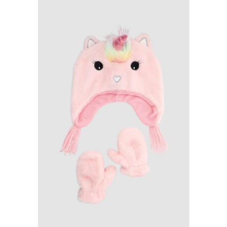 Set unicornio gorro y mitones - rosado Blanco