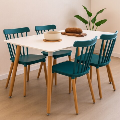 Juego de Comedor con Mesa Rectangular Blanca y 4 Sillas Windsor Azul Patas de Madera Juego de Comedor con Mesa Rectangular Blanca y 4 Sillas Windsor Azul Patas de Madera