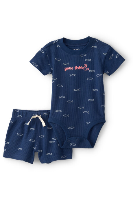 Set dos piezas de algodón térmico, short y body, azul, diseño peces Set dos piezas de algodón térmico, short y body, azul, diseño peces