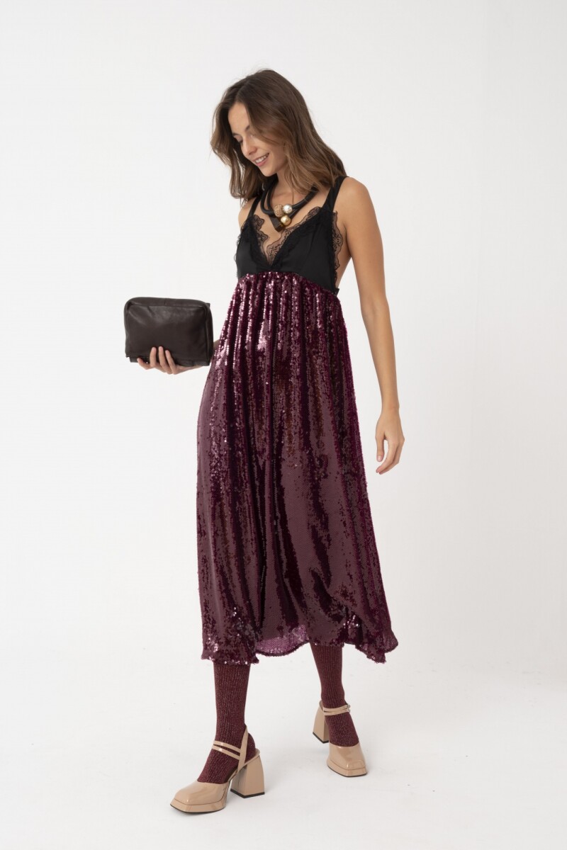 VESTIDO LARGO DE LENTEJUELA Bordo