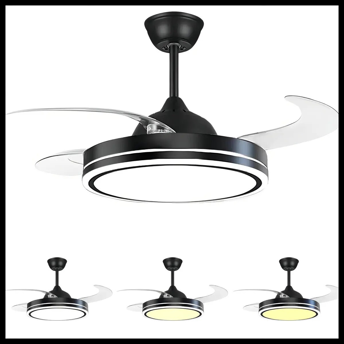 Ventilador De Techo Con Luz Retráctil Lámpara Led Control - Retráctil negro 