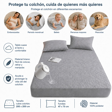Set Cubre Colchón Pillow Impermeable 200x200cm+Fundas Suave Gris