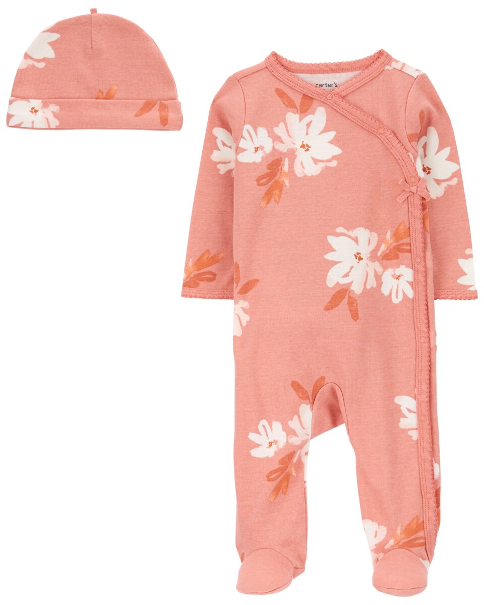 Pijama una pieza de algodón, con pie y gorro, diseño floral 