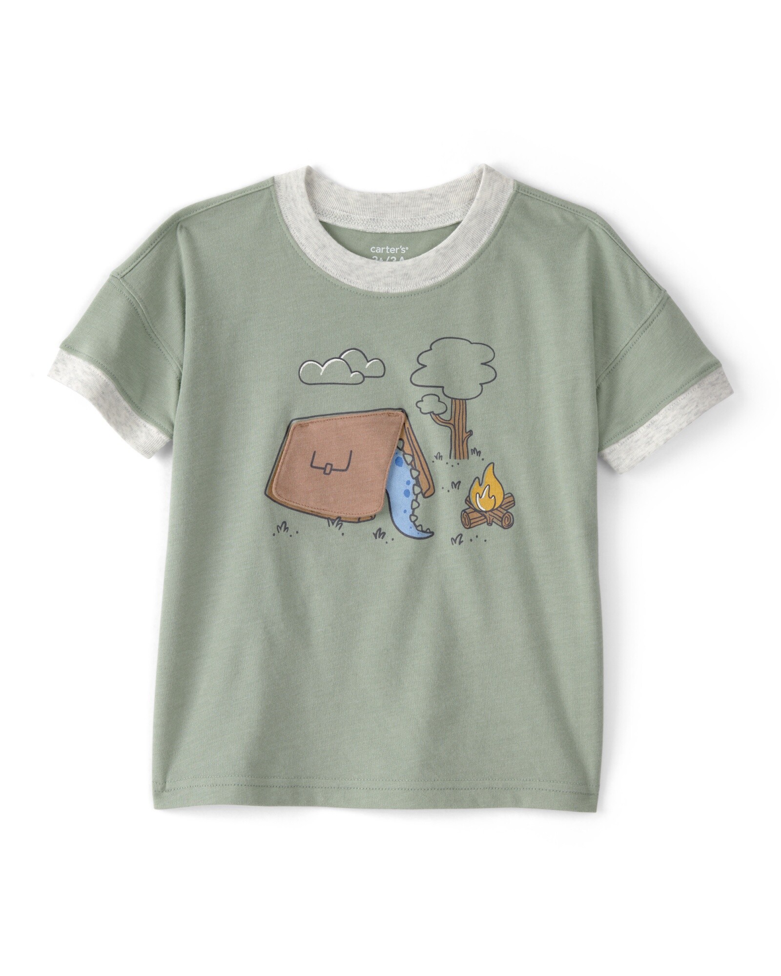 Remera de algodón, manga corta, verde, estampa dino y camping Sin color