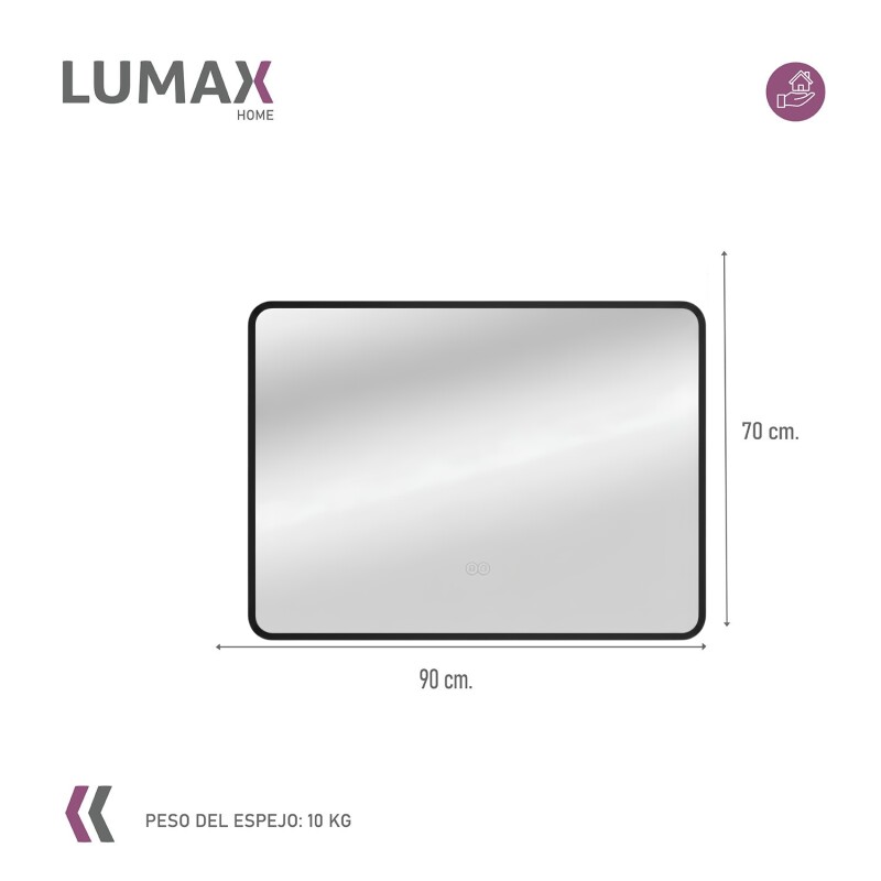 Espejo Horizontal Lumax c/marco desempañador y luz 90x70cm Negro