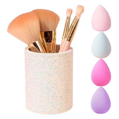 Set Maquillaje 5 Brochas c/ Porta Pinceles + Esponjas Rostro Tornasolado
