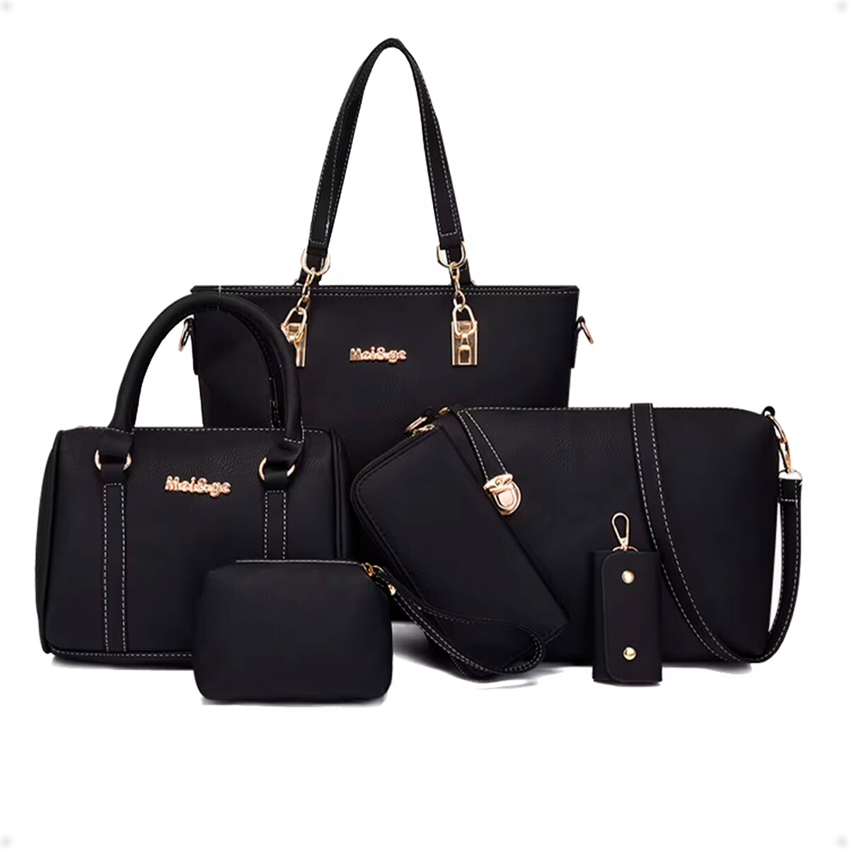 Bolso Cartera de Hombro y de Mano 6 en 1 - Negro Costura Blanca 